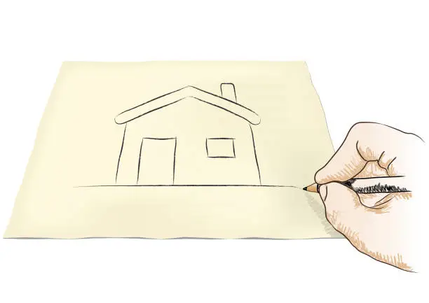 Vector illustration of Hand drawing a house on paper