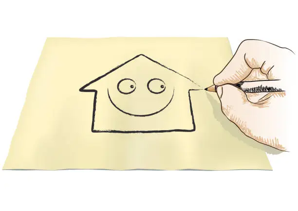 Vector illustration of Hand drawing a house on paper, with a smiling face