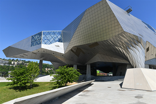 Lyon, France-05 03 2023: The Geometrical shapes of the modern building of the Musée des Confluences in Lyon, France.