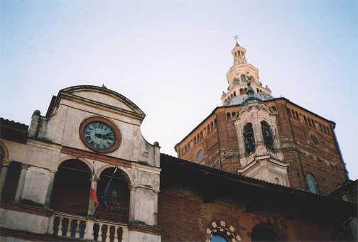 Ancient Basilica Facade with Broletto Building. Architecture in Pavia City Center, Italy. Film Photography