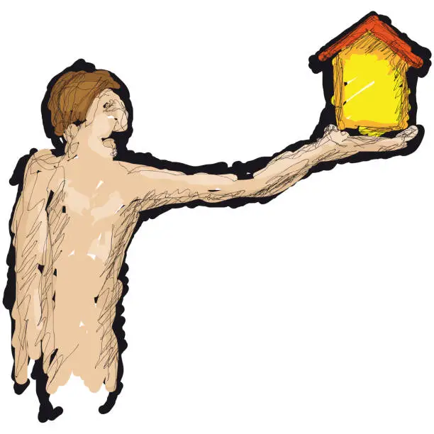 Vector illustration of Vector drawing of man with a house in hand