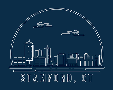 istock Stamford, Connecticut - Cityscape with white abstract line corner curve modern style on dark blue background, building skyline city vector illustration design 1498096868