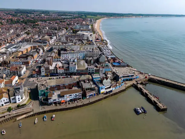 Aerial view of the seaside town of Bridlington on the North Yorkshire coast in the United Kingdom.