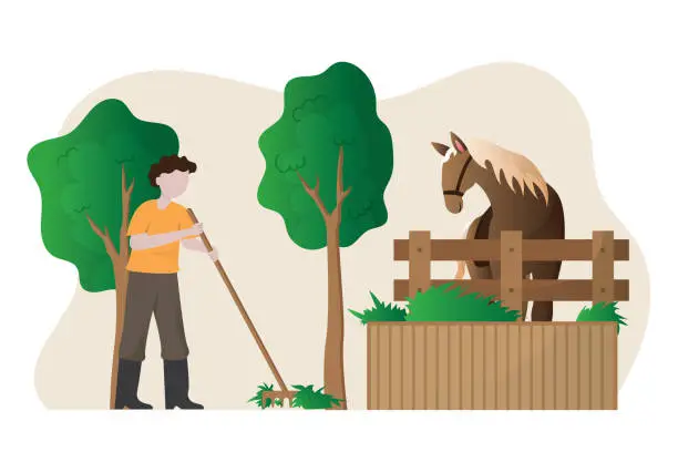 Vector illustration of A man is taking care of his horse in the stable illustration cartoon, farmer with his horse icon