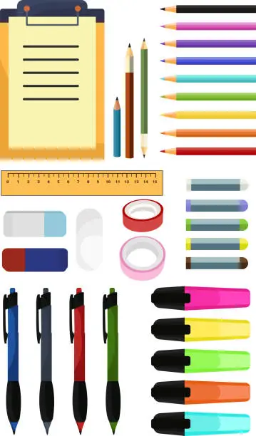 Vector illustration of stationery, office and school supplies, a large set of stationery, pens, pencils, erasers, rulers, wax crayons, markers, highlighters, clip folder, decorative tape