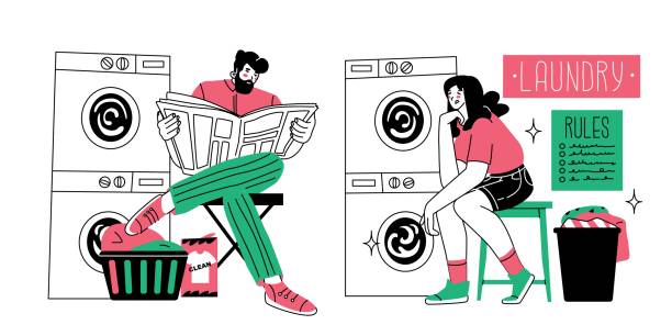Concept of washing clothes in the laundry. A man sits and reads a newspaper, a girl sits and is bored. Waiting for the end of the washing program in the laundry. Household affairs. Vector illustration Concept of washing clothes in the laundry. A man sits and reads a newspaper, a girl sits and is bored. Waiting for the end of the washing program in the laundry. Household affairs. Vector illustration laundromat waiting stock illustrations