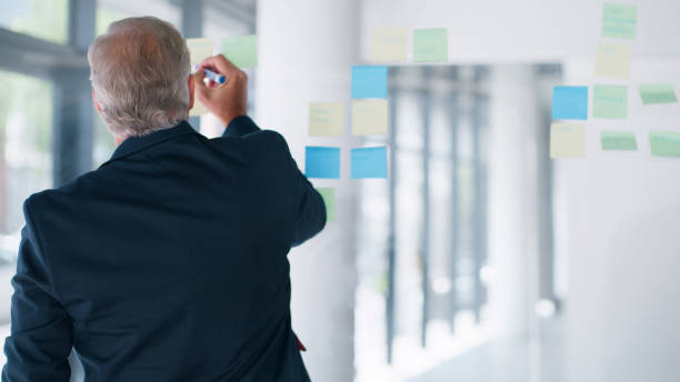 istock Sticky note, planning and businessman with schedule, time management and workflow brainstorming in workplace on glass. Corporate business manager writing on a board for creative planner or reminder 1498100357