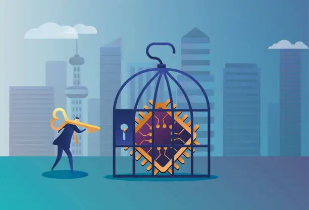Vector illustration of Business man using a key to open the chip in the cage
