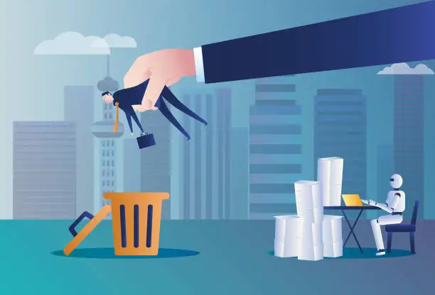 Vector illustration of Robots replace human work, business men are thrown into the trash can