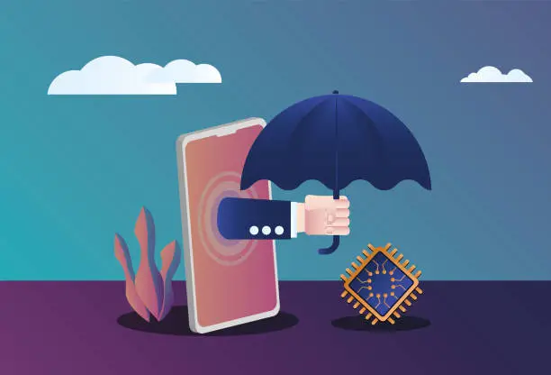 Vector illustration of Holding an umbrella to protect the chip，Conceptual image of intellectual property protection