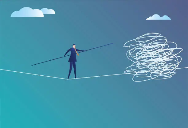Vector illustration of Business man walking a tightrope encounters obstacles.