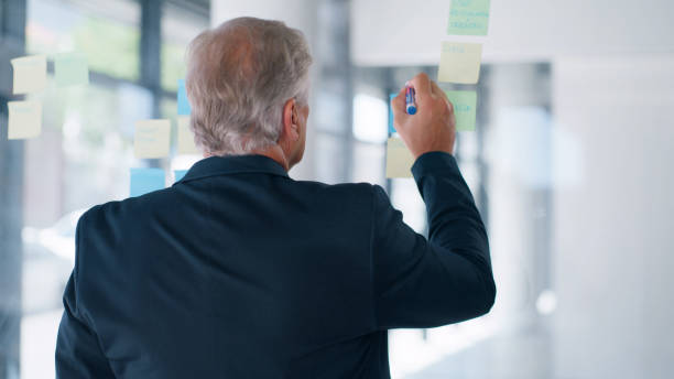 istock Planning, writing and sticky note with businessman on glass for strategy, project management and idea Goals, scrum and schedule with ceo employee thinking for creative, vision and leadership 1498102367