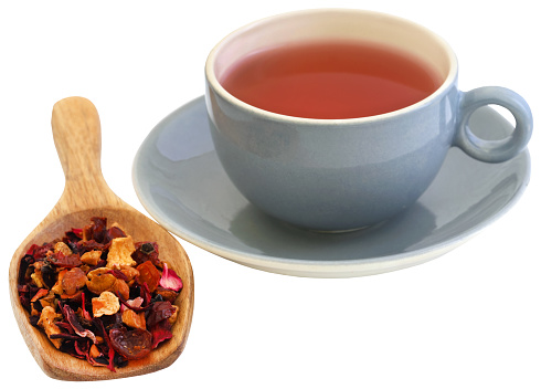 Herbal tea of roselle, rose hips and apple fresh and organic