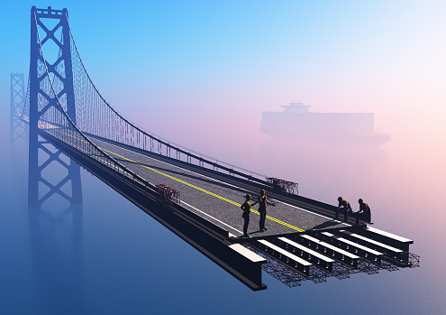 A group of workers on the bridge. ,3d render