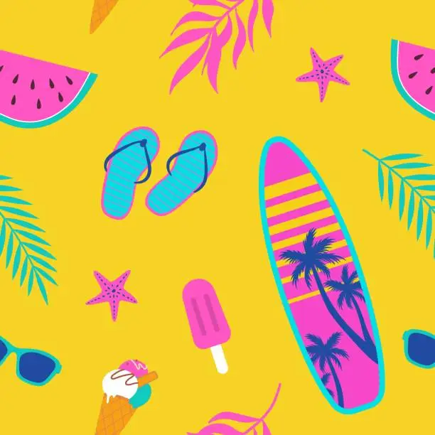 Vector illustration of Summer seamless pattern with beach accessory and fruit.