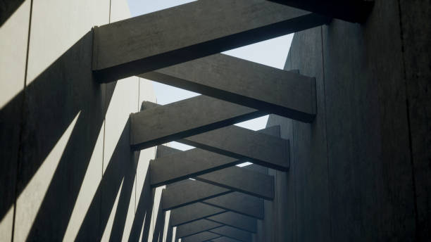 A never-ending tunnel appears, stretching into infinity, with its ceiling composed of beams that project distinct shadows onto the floor. The camera soars ahead, moving forward through this captivating passage.