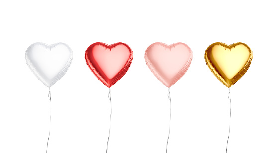 Blank white, red, pink, gold heart balloon flying mockup, isolated, 3d rendering. Empty colorful helium decoration balloons mock up, front view. Clear inflated mylar hearts for wedding template.