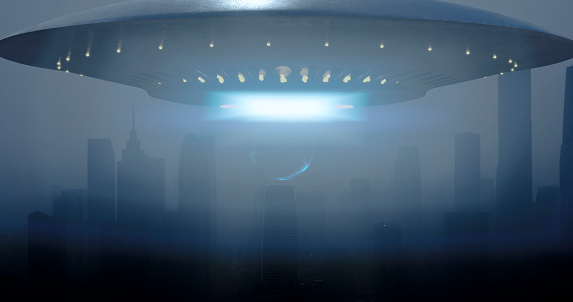 Under the cover of night, a chilling scene unfolds as a UFO hovers silently above the city, its presence shrouded in darkness. With eerie precision, the unidentified flying object descends, capturing an unsuspecting individual in a beam of light.