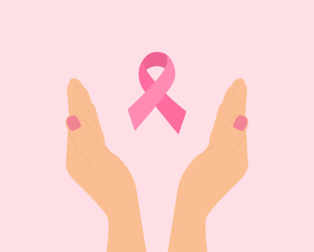 illustrazioni stock, clip art, cartoni animati e icone di tendenza di mani con nastro rosa. concetto di sensibilizzazione sul cancro al seno - cancer women womens issues friendship