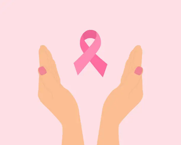 Vector illustration of Hands With Pink Ribbon. Breast Cancer Awareness Concept