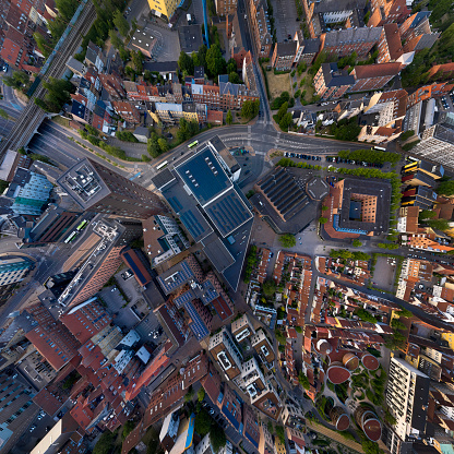 Odense aerial view. Helicopter point of view in mixed new and old city district