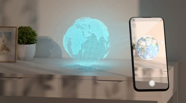 Earth planet hologram stand on table phone display augmented reality, 3d rendering. Realism vr or online simulator with ui globe. Three-D visual projection modeling template.