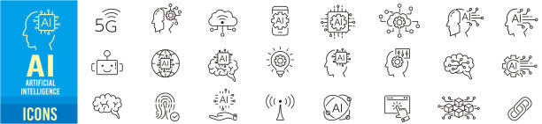 ilustraciones, imágenes clip art, dibujos animados e iconos de stock de colección de iconos de línea ai - chat gpt