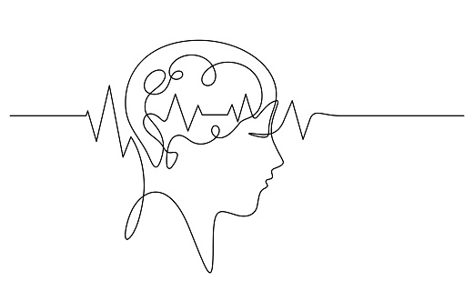 brain waves pulse in human head scan one line vector illustration