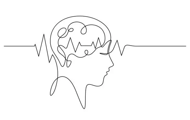Vector illustration of brain waves pulse in human head scan continuous line drawing