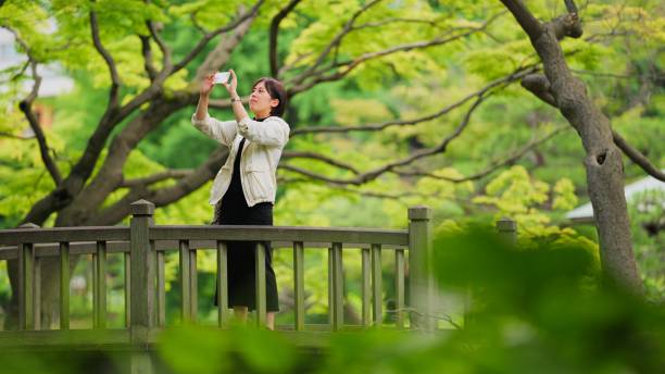 公共の公園でスマートフォンで写真を撮る女性