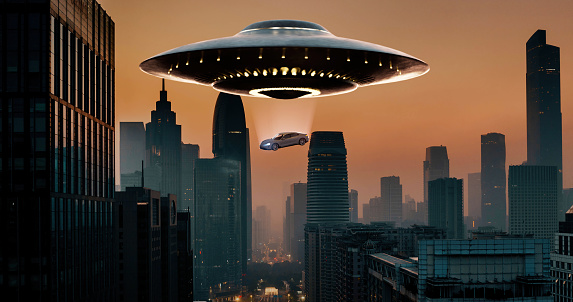 A mysterious UFO hovers menacingly above the city, captivating the attention of all who witness its otherworldly presence. Astonishingly, it employs advanced technology to effortlessly snatch a car from the bustling streets, leaving the bewildered onlookers in awe and disbelief.