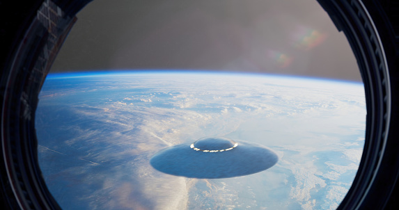 Through the spacecraft's porthole, a captivating sight unfolds as a UFO soars gracefully above the Earth's surface. The window, meticulously designed for celestial observation, provides a clear view of the unidentified flying object against the backdrop of our planet.