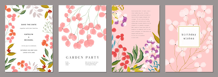 Universal art templates with floral elements. For poster, Birthday, Wedding and party invitation, greeting and business card, flyer, banner, brochure, email header, post in social networks, advertising, events and page cover, background, corporate style, and other graphic design.