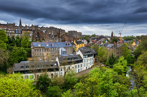 City of Edinburgh in Scotland, cityscape with the Dean Village historic neighbourhood  in spring.