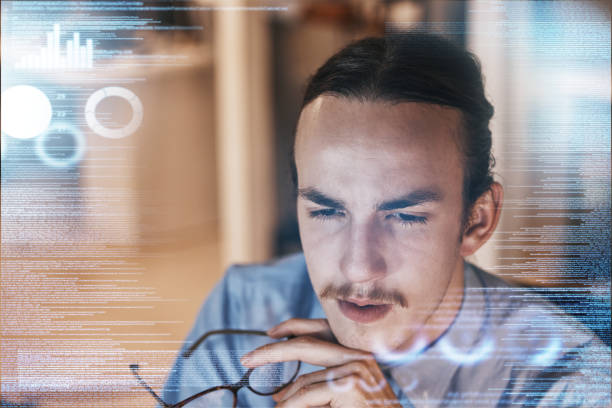 istock Man, thinking and idea for digital marketing, advertising or corporate data and strategy in double exposure. Male employee contemplating business decision, analysis or company statistics on overlay 1498115702