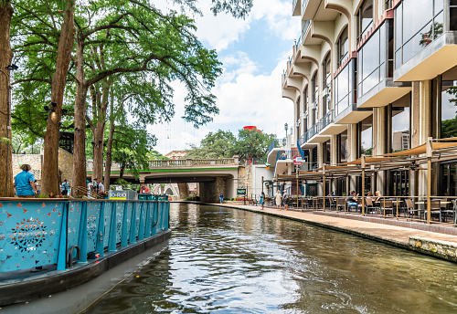 San Antonio, USA. 29 May 2023. Boat and restaurant on the San Antonio River