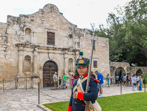 San Antonio, USA. 29 May 2023. A young lady wears a historic Solder Costume by The Alamo in San Antonio