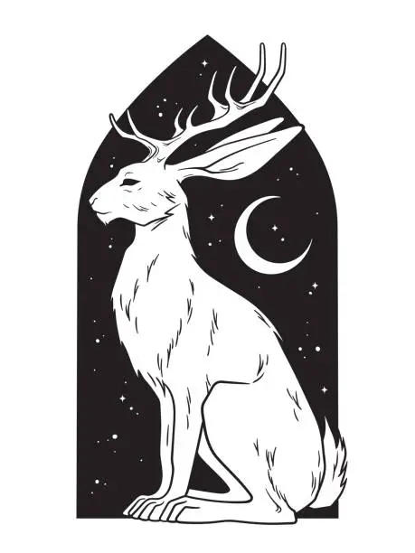 Vector illustration of Jackalope hare with horns folklore magic animal over night sky with crescent moon hand drawn line art gothic tattoo design isolated vector illustration