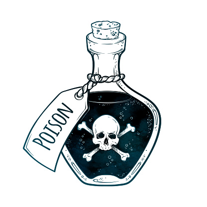 Poison in bottle line art and dot work hand drawn vector illustration. Boho style sticker, patch, print or blackwork flash tattoo design