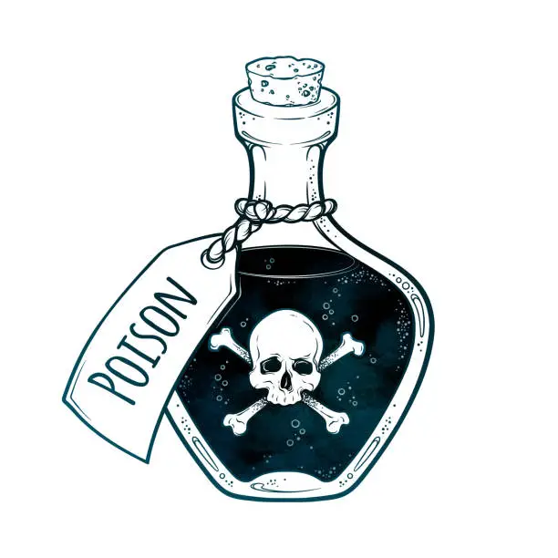 Vector illustration of Poison in bottle line art and dot work hand drawn vector illustration. Boho style sticker, patch, print or blackwork flash tattoo design.