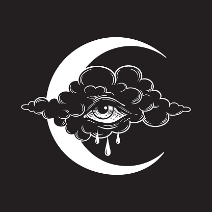 Dripping eye in the cloud with crescent moon, crying skies allseeing eye of god graphic tattoo or print design isolated vector illustration.