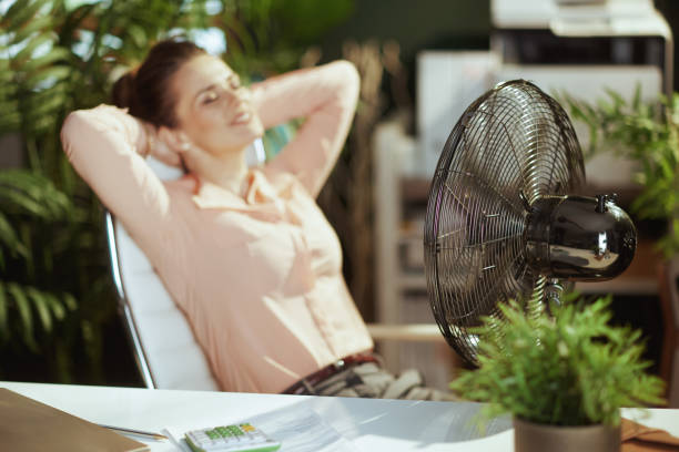 istock Closeup on relaxed modern woman worker at work with electric fan 1498117323