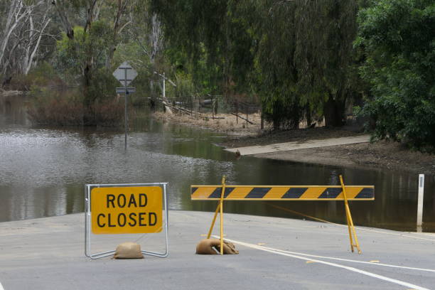 Road closed due to flooding. The Murray River Australia widespread flooding impacting on closing roads