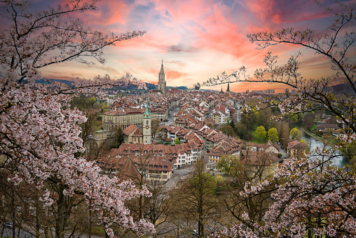 Awe sundown over old town Bern, Switzerland