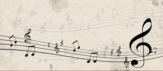 classical music poster with music notes on old paper background for music flyers cards and posters