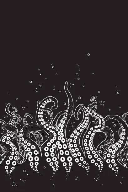 Vector illustration of Octopus tentacles curl and intertwined hand drawn black and white line art background or print design vetor illustration.