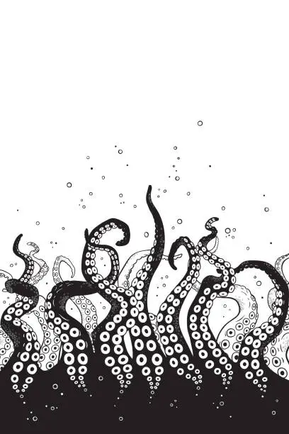 Vector illustration of Octopus tentacles curl and intertwined hand drawn black and white line art background or print design vetor illustration.