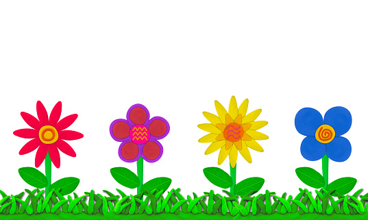 colorful set of flower on grass made from plasticine on white isolated background