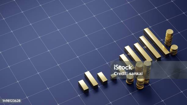 Golden Financial Chart Stacks Of Gold Coins On Dark Navy Floor With A Grid Pattern Stock Photo - Download Image Now
