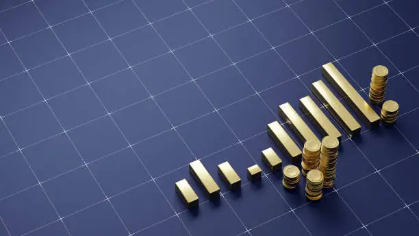 Photo of Golden financial chart stacks of gold coins on dark navy floor with a grid pattern